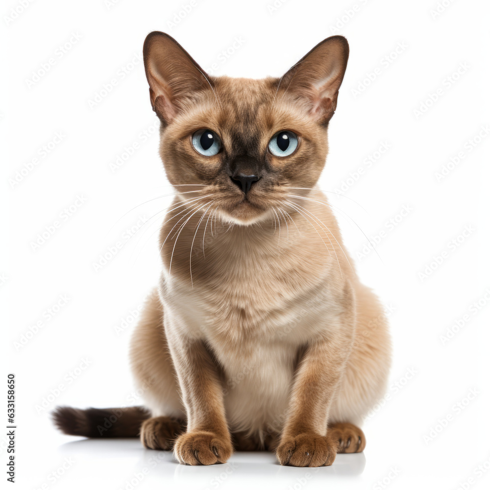 Visibly Sad Burmese Cat with Ears Down on White Background