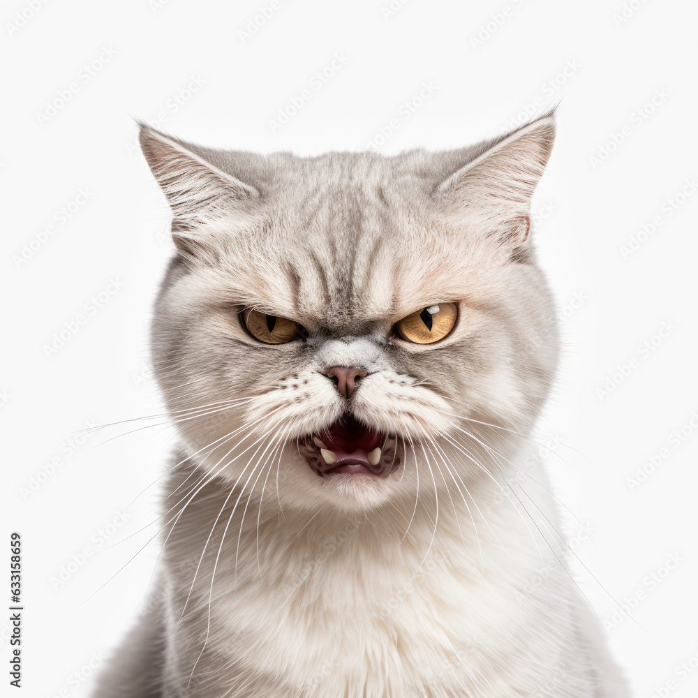 Angry Burmilla Cat Hissing Aggressively on White Background