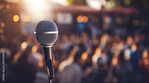 Microphone on a stage with lots of people in the room as blurred background created with Generative AI