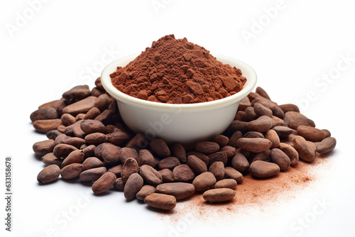 cocoa beans and cocoa powder. for beverage and chocolate making. food on white background