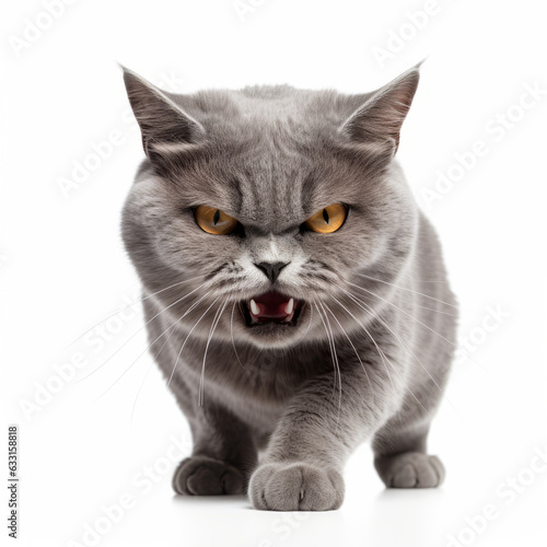 Angry Chartreux Cat Hissing Aggressively on White Background