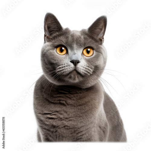 Confused Chartreux Cat with Tilted Head on White Background