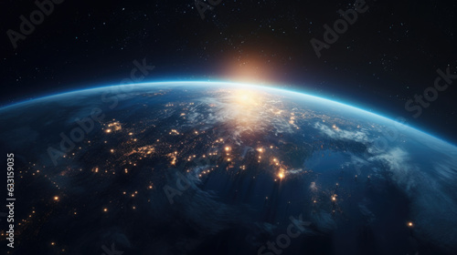 Planet Earth at night with city light illumination. View from space. 