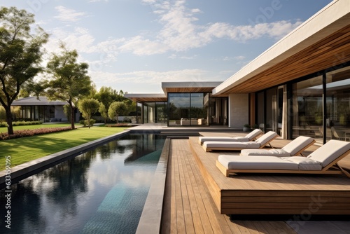 Obraz na plátně A contemporary home featuring a swimming pool accompanied by comfortable sun loungers