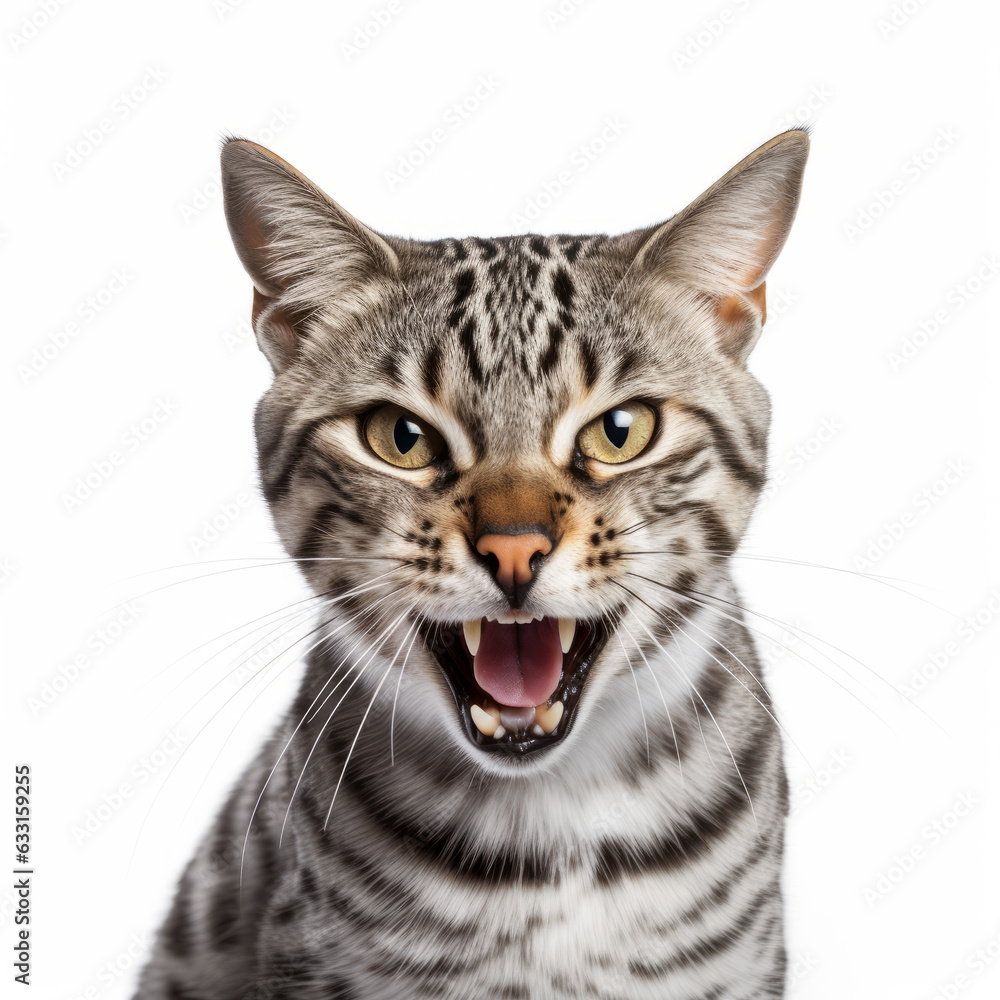 Angry Egyptian Mau Cat Hissing Aggressively on White Background