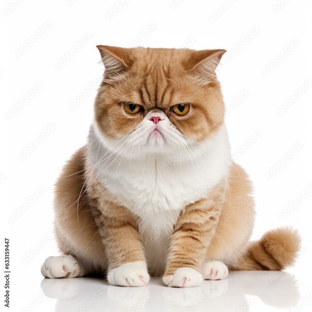 Exotic Shorthair Cat with Visibly Sad Expression on White Background