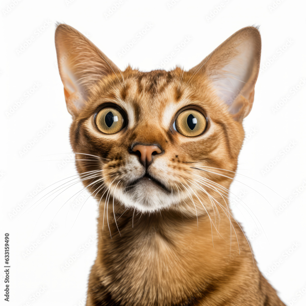 Confused Havana Brown Cat with Tilted Head on White Background