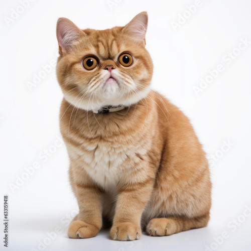 Confused Exotic Shorthair Cat with Tilted Head on White Background