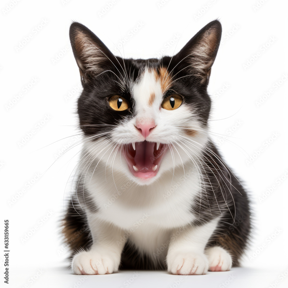 Angry Japanese Bobtail Cat Hissing Aggressively on White Background