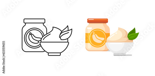 Baby food icons with banana puree in glass jar and bowl. Vector outline and colorful illustrations of healthy nutrition for infants in container with label. Kids food from organic fruits in bottle