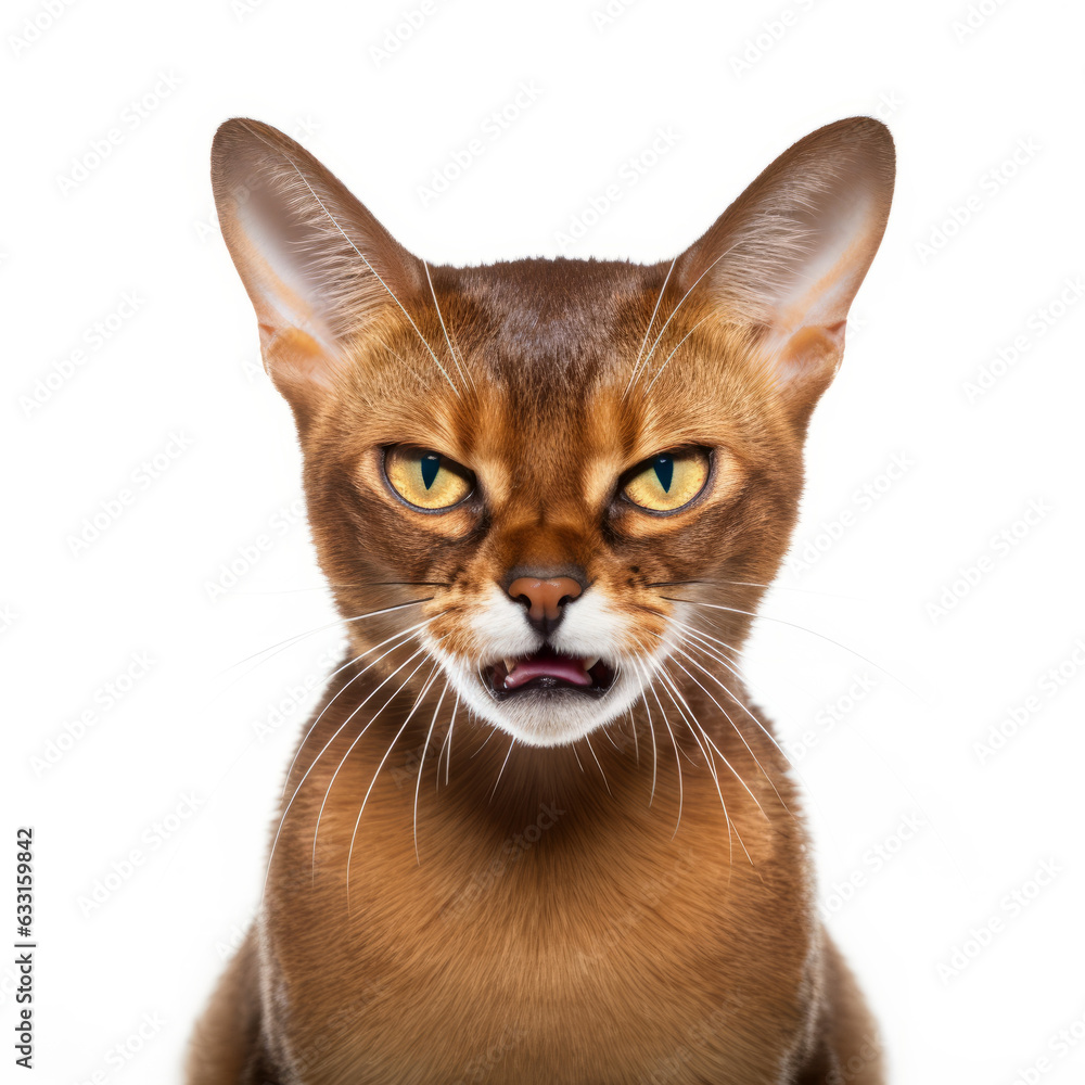 Angry Abyssinian Cat Hissing Aggressively on White Background