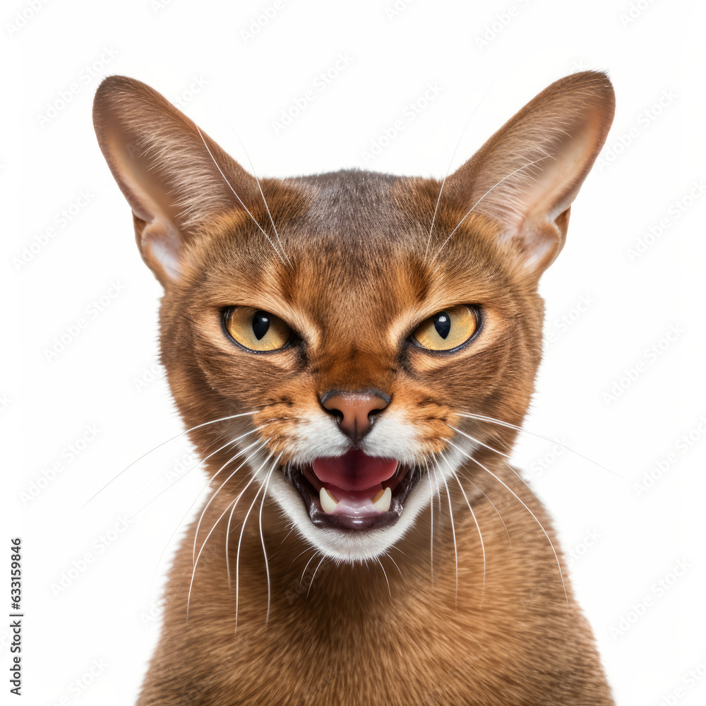Angry Abyssinian Cat Hissing Aggressively on White Background