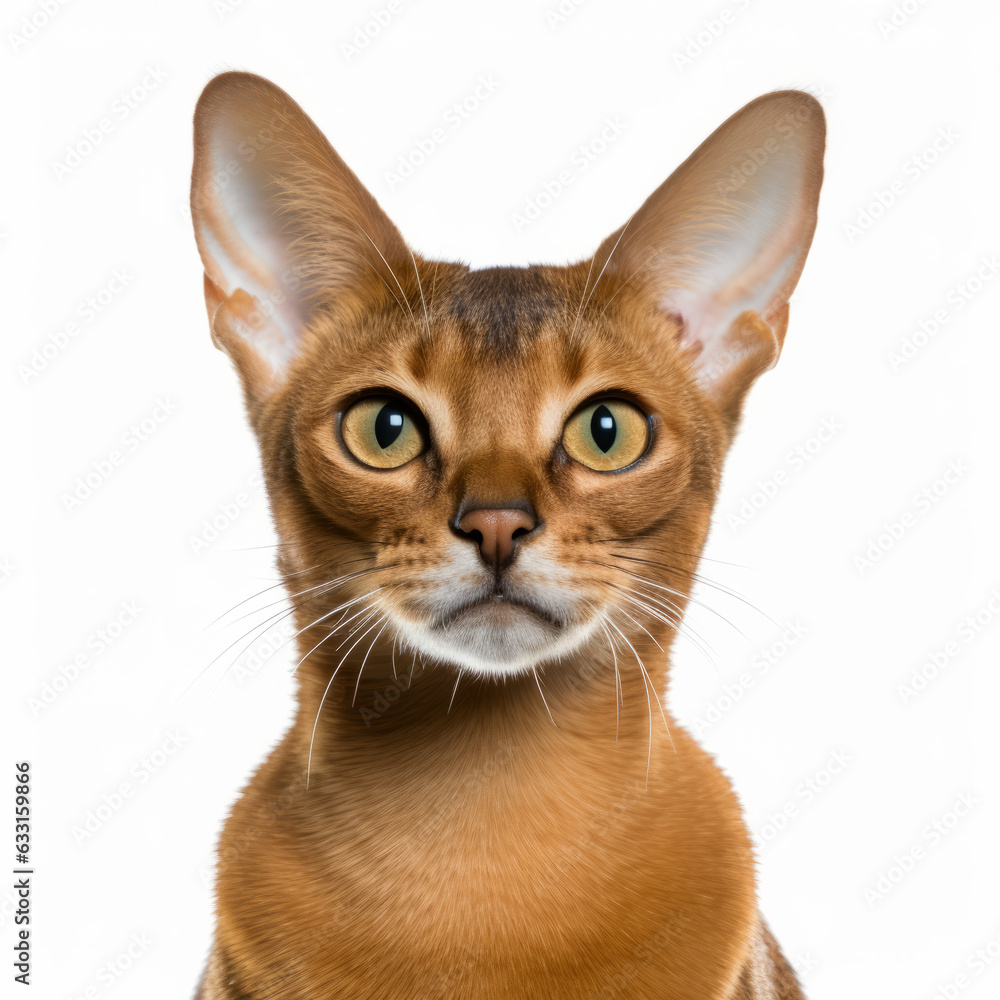 Confused Abyssinian Cat with Tilted Head on White Background
