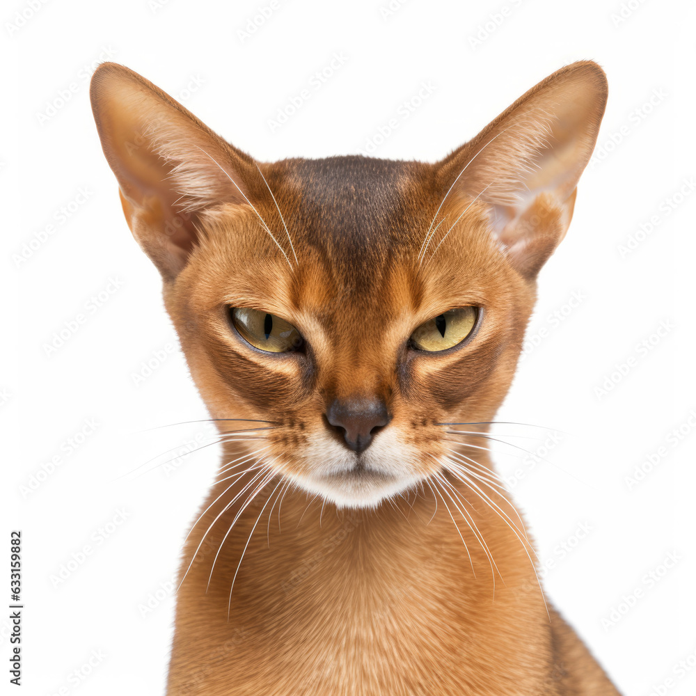 Visibly Sad Abyssinian Cat with Isolated White Background