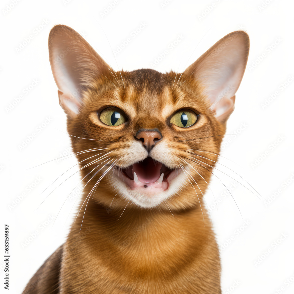 Smiling Abyssinian Cat with White Background - Isolated Portrait Image