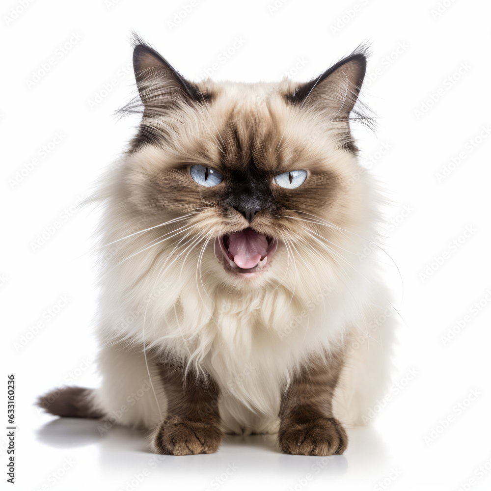 Angry Birman Cat Hissing Aggressively on White Background