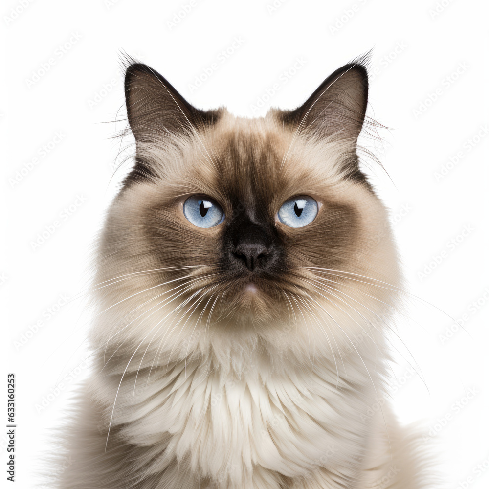 Confused Birman Cat with Tilted Head on White Background