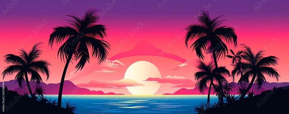 Illustration banner of sunset at the beach with silhouette of palm trees