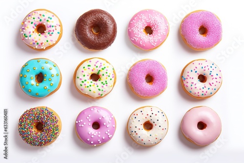 Layout of variety of delicious donuts over white background