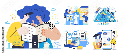 Memphis business illustration, company - modern outlined flat vector concept illustrations set, corporate Corporate Memphis style business metaphor
