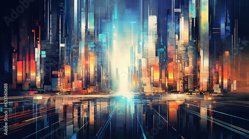 Creative colorful Glitch background. abstract digital glitch design of a cyberpunk city