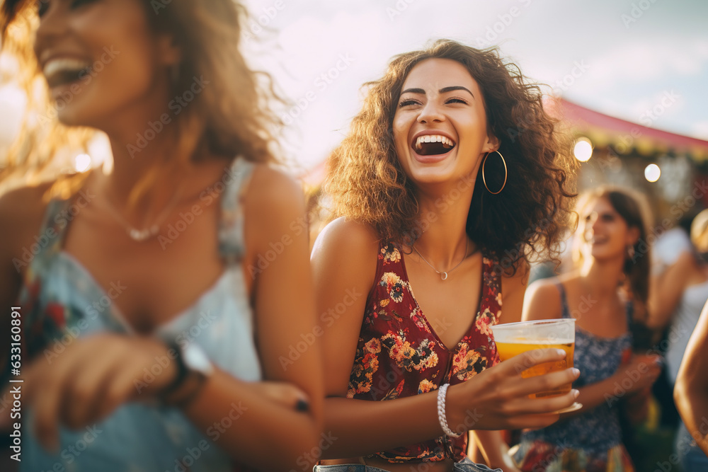 Group of friends having great time on music festival in the summer. Two young woman drinking beer and having fun at Beach party together. Happy girlfriends, Summer holiday, hipster girls vacation - obrazy, fototapety, plakaty 