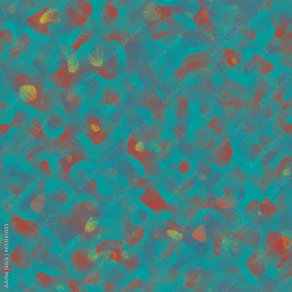 Blue, red and yellow camouflage pattern with animal fur effect. Seamless pattern. Blue, red and yellow camouflage pattern with animal fur effect. Seamless pattern.