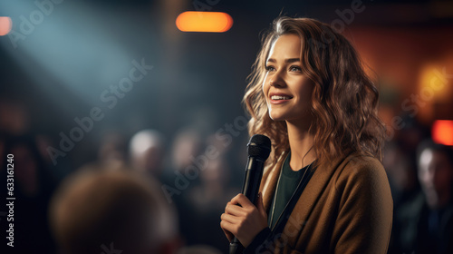 Speaker Woman Performing on Stage and Speaking to Large Audience, Event Professional.