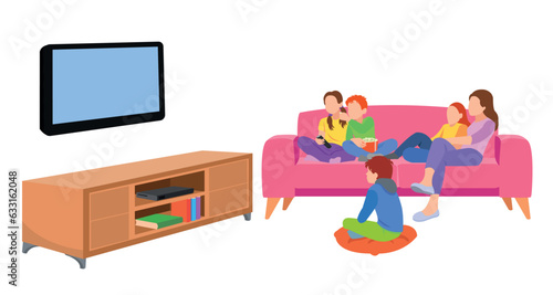 Happy family watching television together in living room. Family illustration in cartoon style