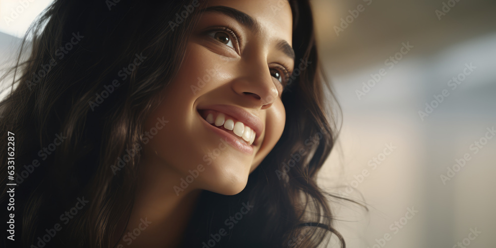 Gorgeous charming young woman posing and looking up displaying beautiful smile and shiny wavy hair. Gorgeous charming young woman posing and looking up displaying beautiful smile and shiny wavy hair.