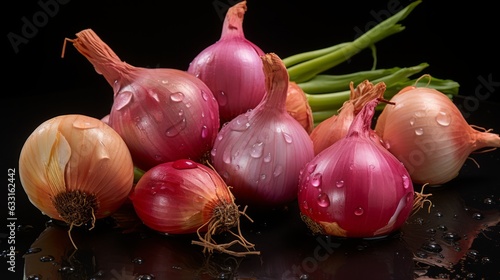 Photo of a pile of fresh onions on a wooden table