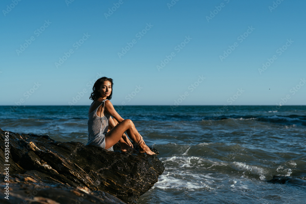 beautiful brunette girl in a silvery net stands on the stones on the seashore beautiful brunette girl in a silvery net stands on the stones on the seashore