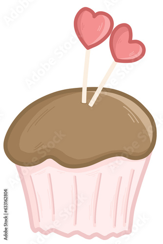 icono de cupcake con envoltura rosada y dos velas en forma de corazon photo