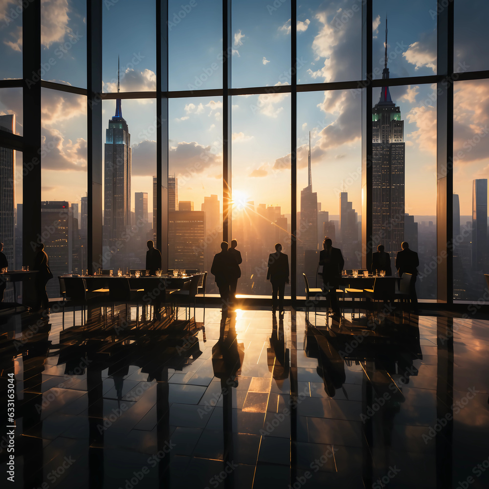 Geschäftsleute im Konferenzraum vor dem Fenster mit Blick auf der Skyline 