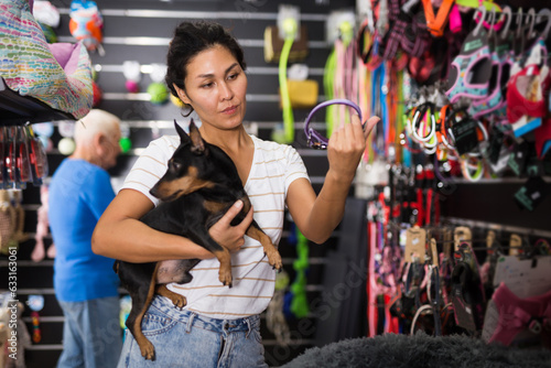 Asian woman choosing new collar for her little dog in pet shop. Old man making purchases in background.