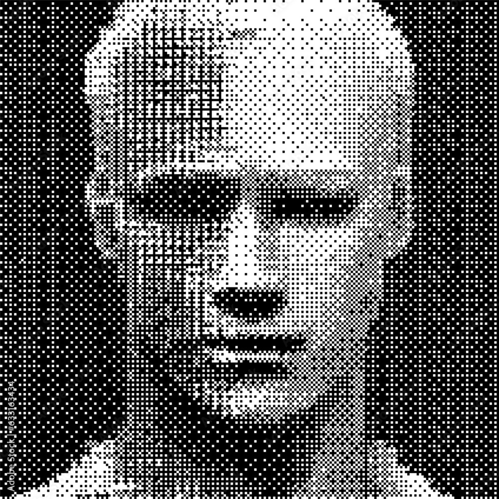 3D pixelated face of a robotic human head. Vector 8-bit style illustration.