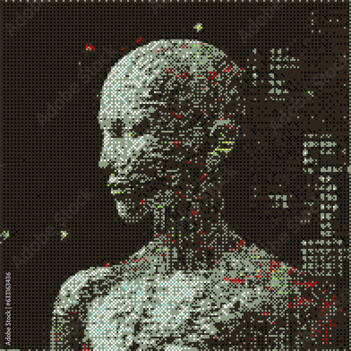3D pixelated face of a robotic human head. Vector 8-bit style illustration.