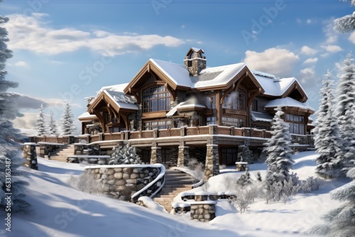 A lavish mountain dwelling adorned with snow and featuring a brown cedar exterior, boasting a grand and spacious accommodation.