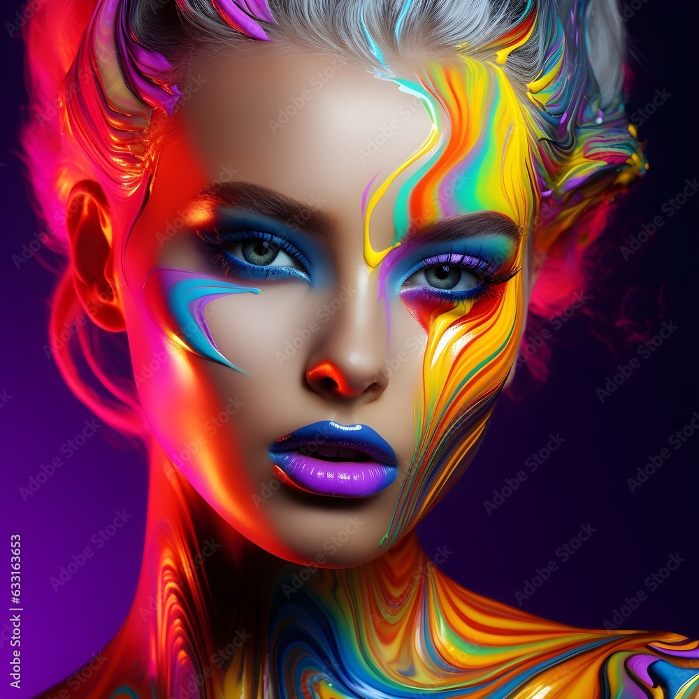 Fashion model woman face with fantasy art make-up.  Fashion art portrait,  neon colors. cosmetics, beauty salon. AI generated digital art
