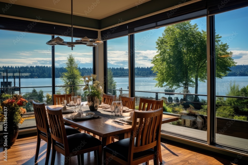 The breakfast area, filled with sunlight, showcases a table made of glass with chairs in black and green placed on a shiny hardwood floor. A wall of windows offers a stunning view of Lake Washington