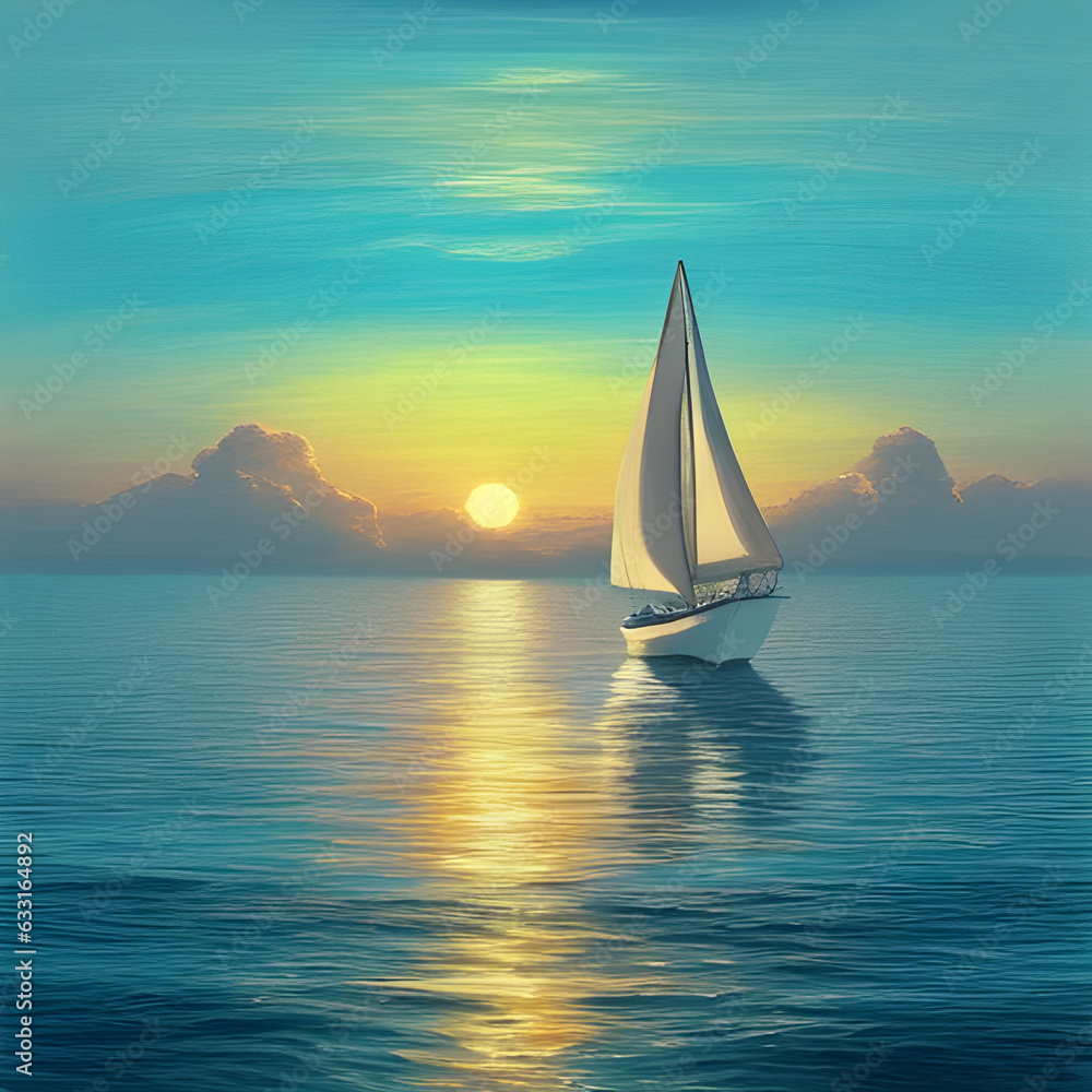 picture of a beautiful sea at sunrise and a small sailboat. Sailing ship at sunrise. generative AI