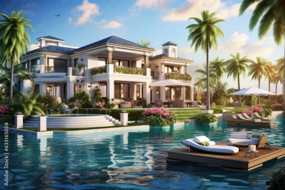 In a stunning tropical island setting, we see a luxurious mansion situated by a serene river. The daytime view showcases palm trees swaying gently, and the mansions backyard embraces the tranquility