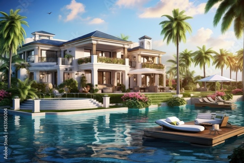 In a stunning tropical island setting, we see a luxurious mansion situated by a serene river. The daytime view showcases palm trees swaying gently, and the mansions backyard embraces the tranquility