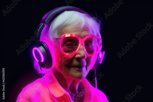 Senior woman in headphones. Forever young, balaced life, positive mindset concept