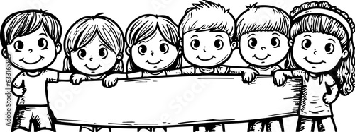Children holding banner sketch drawing