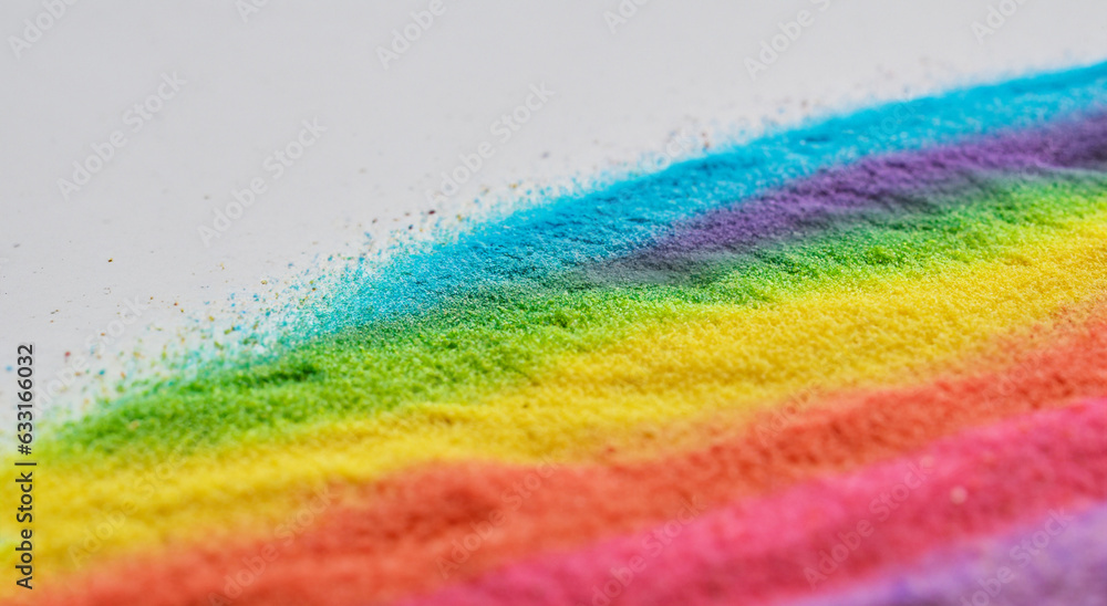 Obraz premium rainbow colored sand stripes colors like blue,red,green,orange,yellow,purple,pink,violet on white background in high resolution