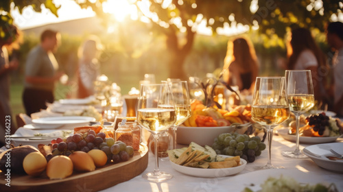 An outdoor meal set up in a vineyard with a group of people enjoying a variety of different types of champagne and extraant hors d'oeuvres.