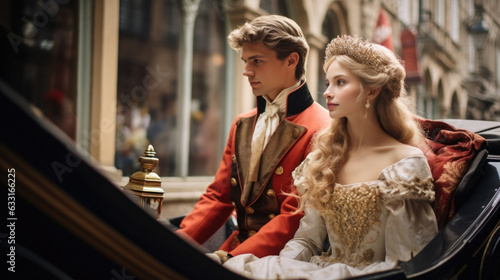 A regal couple in period dress looking out the window of an ornatelydecorated carriage as it trots through a cobblestonelined historic