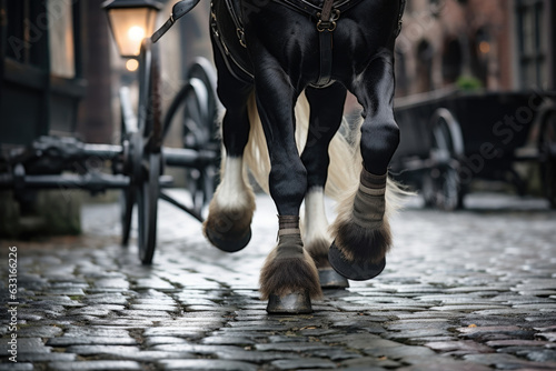 A closeup of an expertlymaned horse stepping on the cobblestones a carriage wheel dancing gracefully behind it.