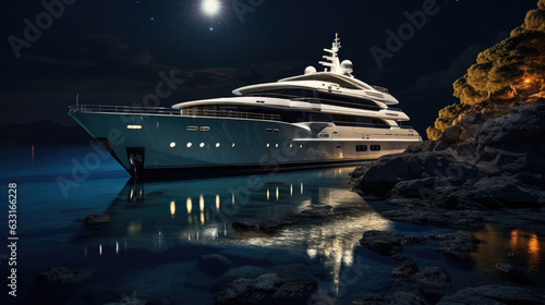 A luxurious yacht illuminated by the full moon bobbing gently in the night waters with a distant shore in the background.